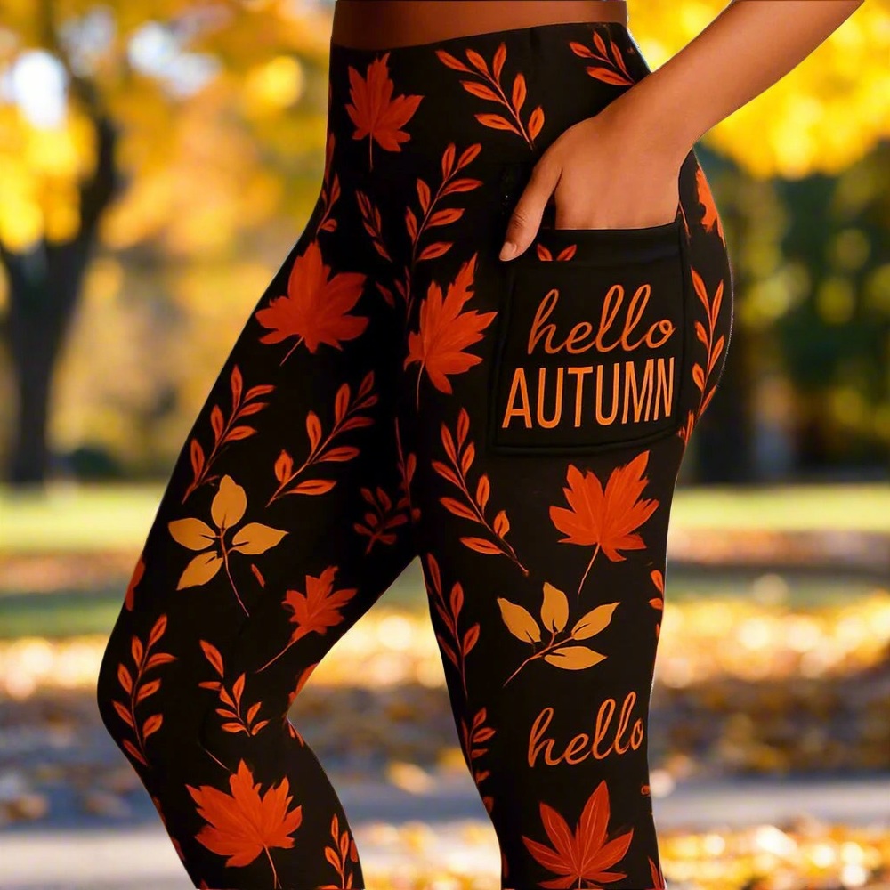 OS/TC/TC2 NEW Womens Thanksgiving Leggings w/Pockets Luxury Fall Leaf Yoga Pants